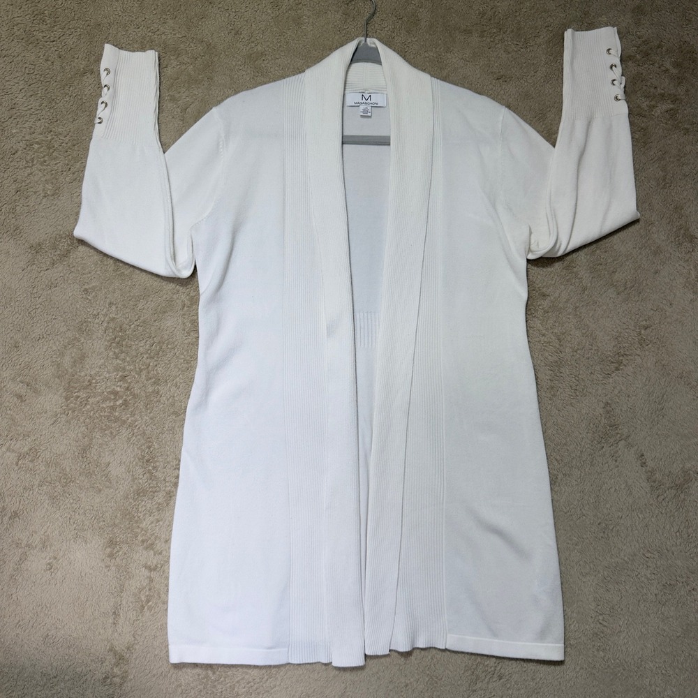 Magaschoni Cardigan Women L White Open Front Lace Up Cuff Ribbed Shawl Collar